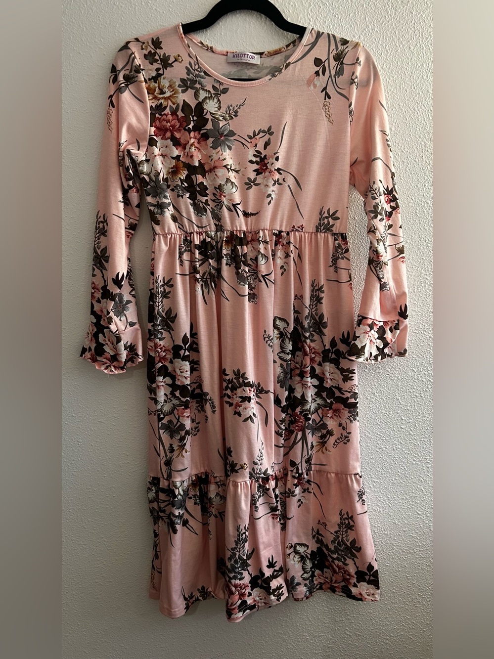 Girls' Long Sleeve Floral Tiered Dress in Blush Pink